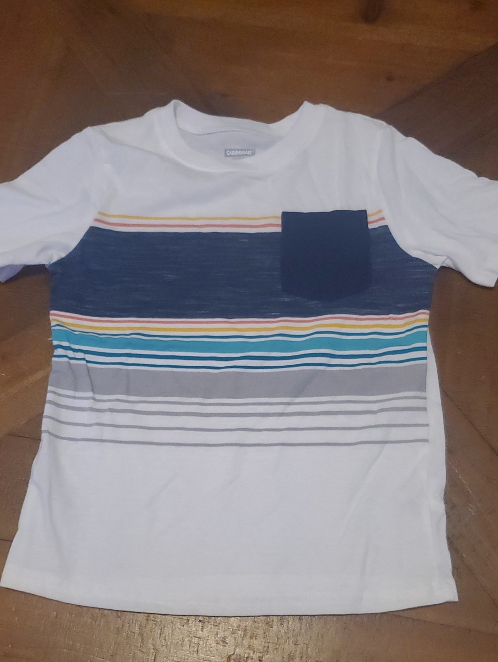 Garanimals White Tee with Navy Chest Panel, Multicolor Stripes